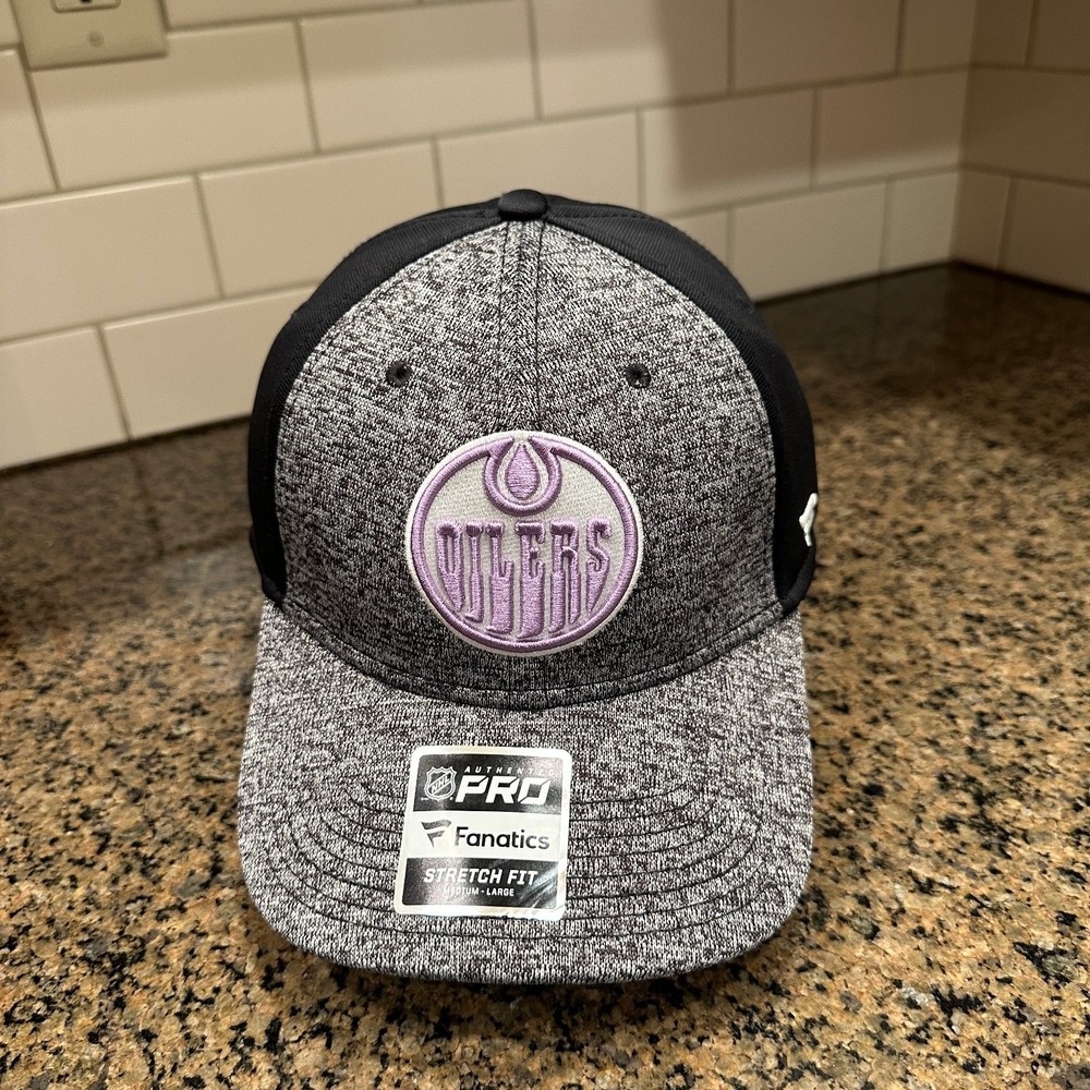 Edmonton Oilers Fanatics Hockey Fights Cancer Stretch Fit Cap M/L New
